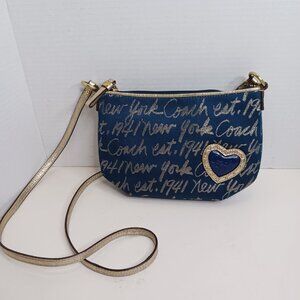 COACH Signature Navy Gold Heart Accent Small Shiny Crossbody Bag